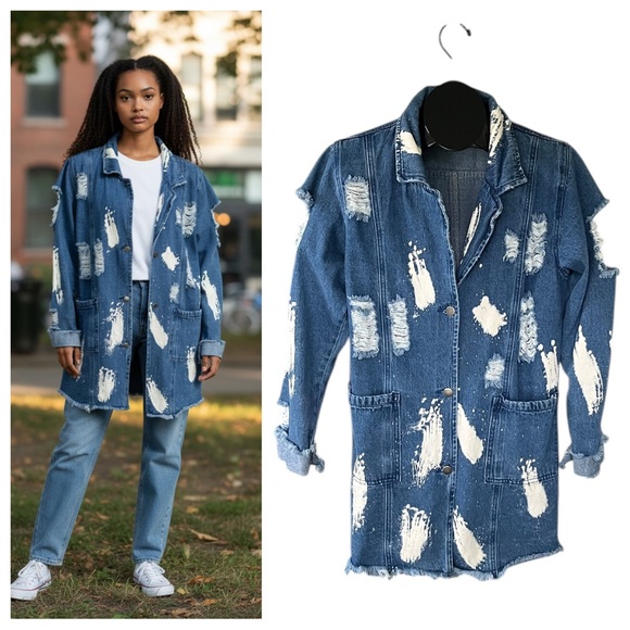 Fashion Nova Jackets & Blazers - Fashion Nova distressed blue denim duster jacket with white paint splatters